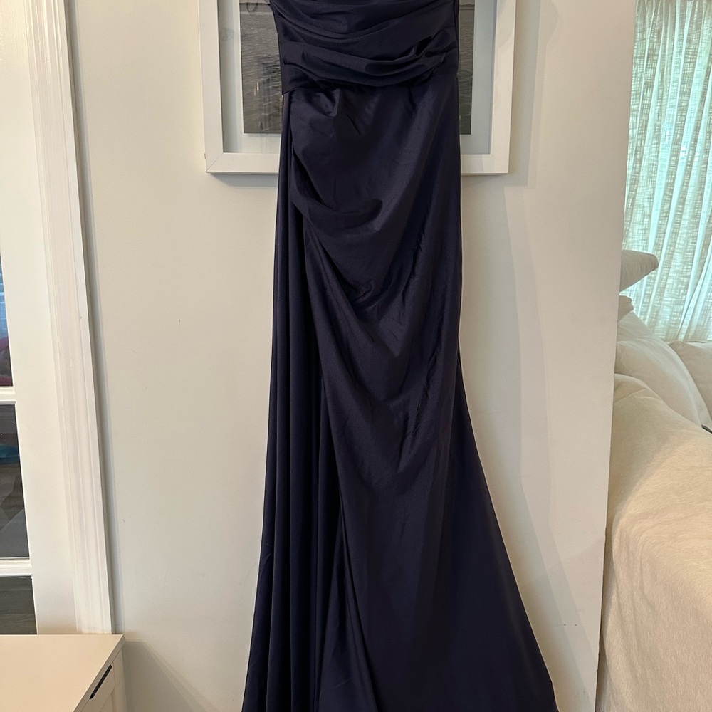 JESSICA ANGELS Navy Blue Ruched Strapless  With Slit And TAIL Gown for Weddings